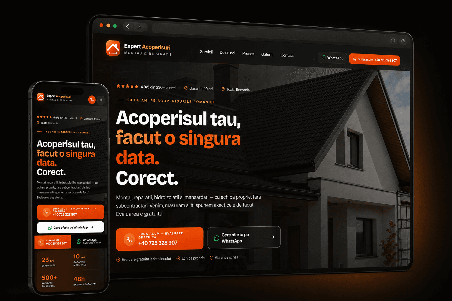 Expert Acoperișuri: site-ul prezentat într-un browser și pe un iPhone