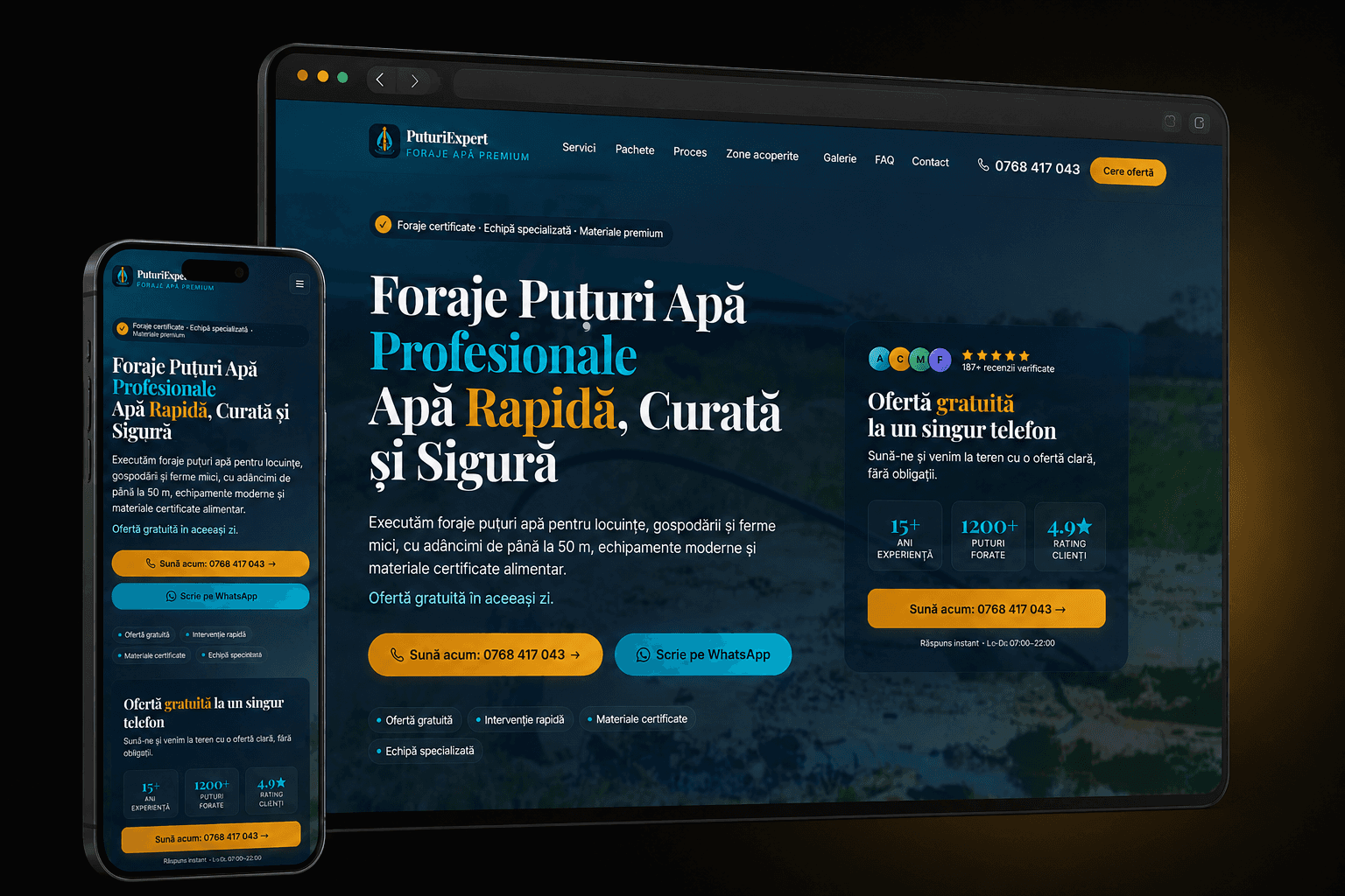 PuturiExpert: site-ul prezentat într-un browser și pe un iPhone