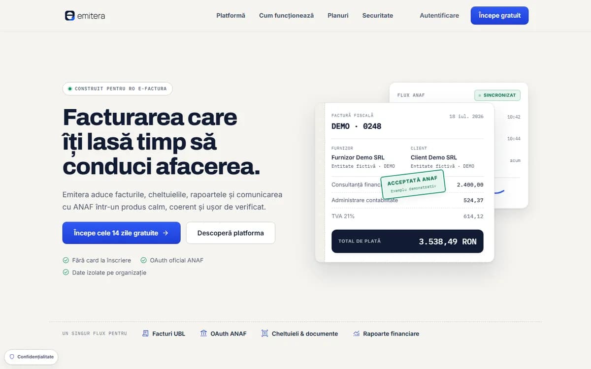 Emitera: primul ecran al site-ului, pe desktop