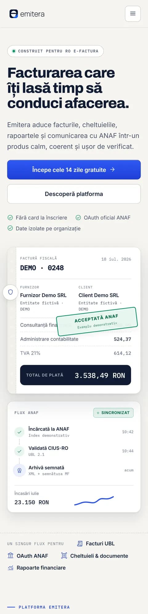 Emitera: pagina principală, pe telefon