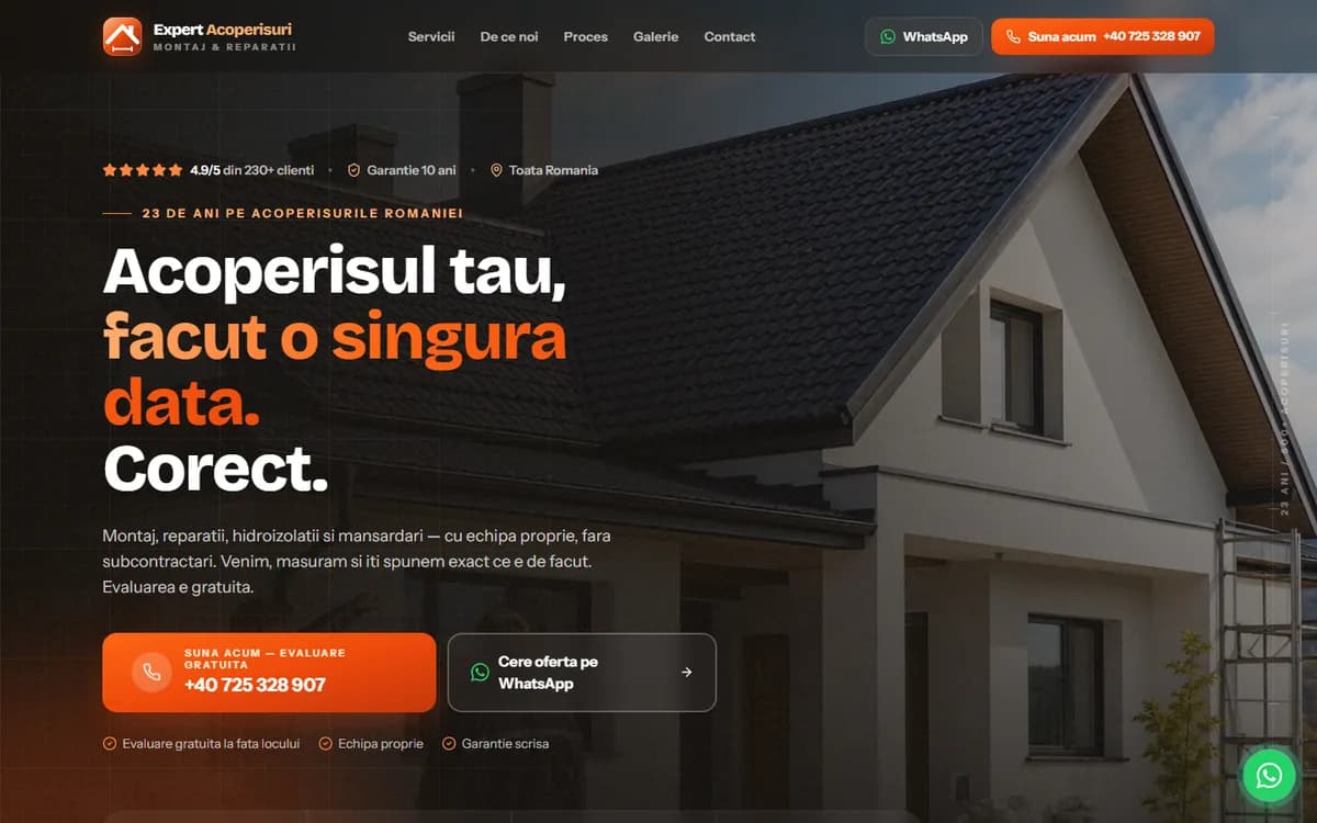 Expert Acoperișuri: primul ecran al site-ului, pe desktop