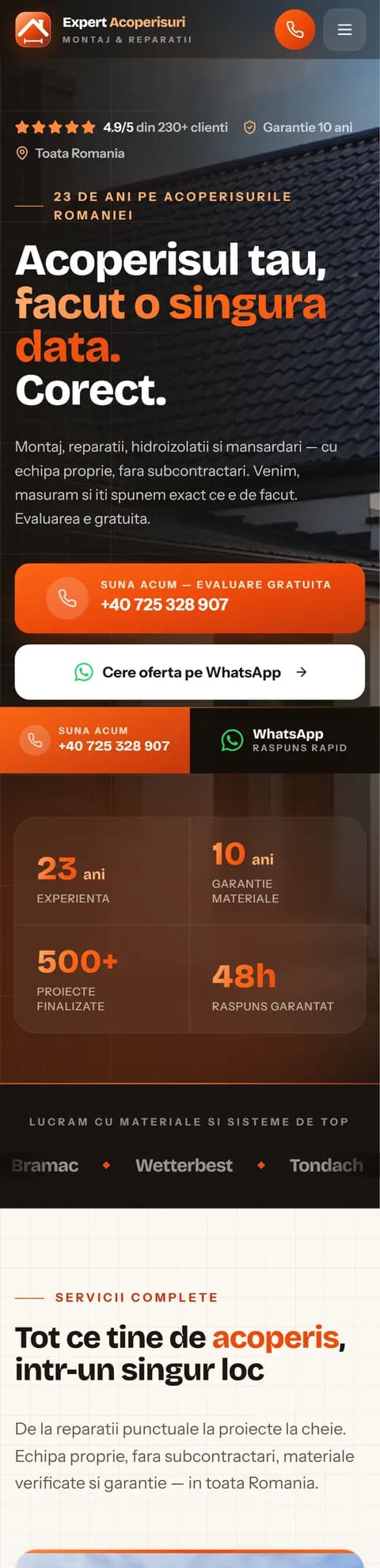 Expert Acoperișuri: pagina principală, pe telefon