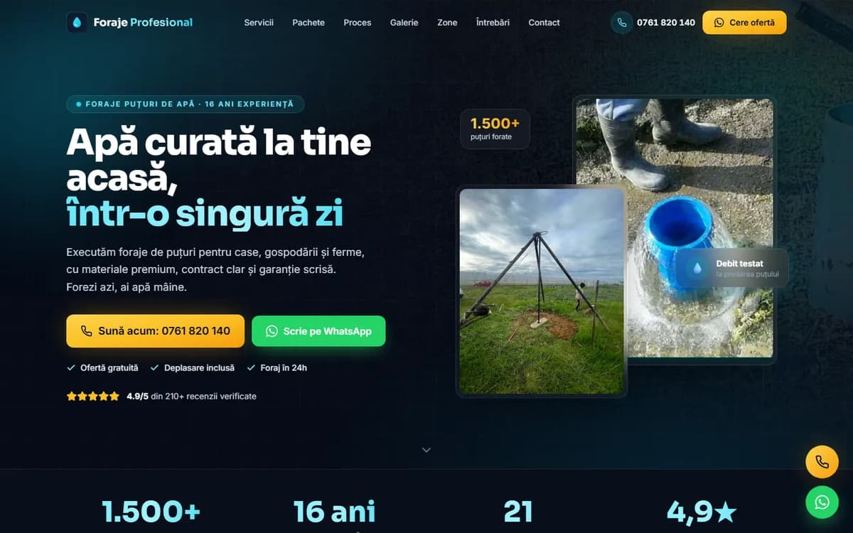 Foraje Profesional: primul ecran al site-ului, pe desktop