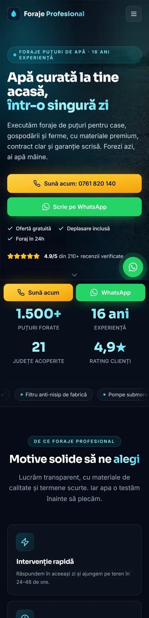 Foraje Profesional: pagina principală, pe telefon