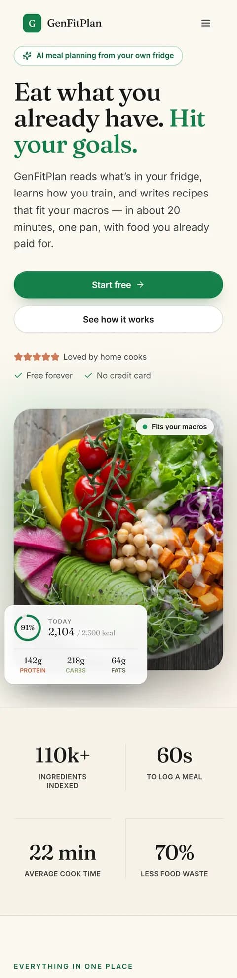 GenFitPlan: pagina principală, pe telefon