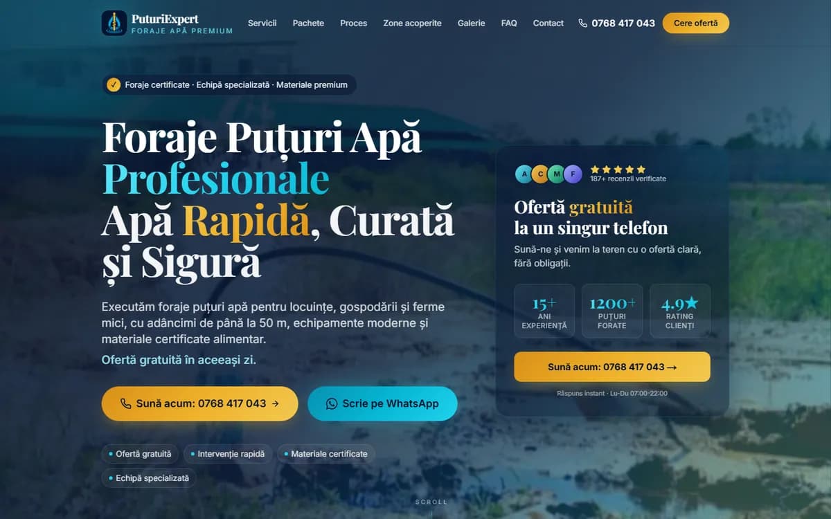 PuturiExpert: primul ecran al site-ului, pe desktop